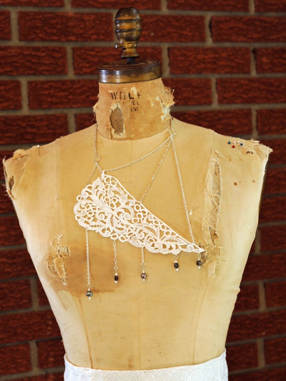 Handmade Venetian Lace Wing Necklace | Ivory + Black Pearl | Upcycled in MTL